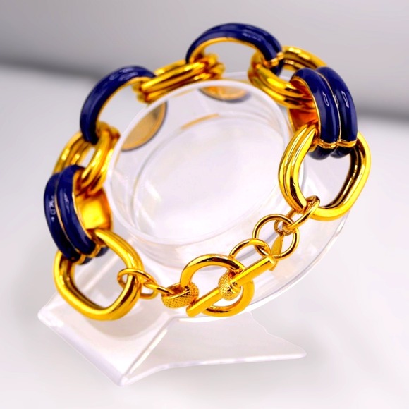 Kenneth Jay Lane Jewelry - Kenneth Jay Lane KJL Blue Enamel Gold Chunky Chain Link Bracelet NOS Mint Vtg